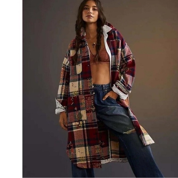 Anthropologie Pile Draped Long Line Duster Plaid Embroidered Shacket S/M - Picture 1 of 8